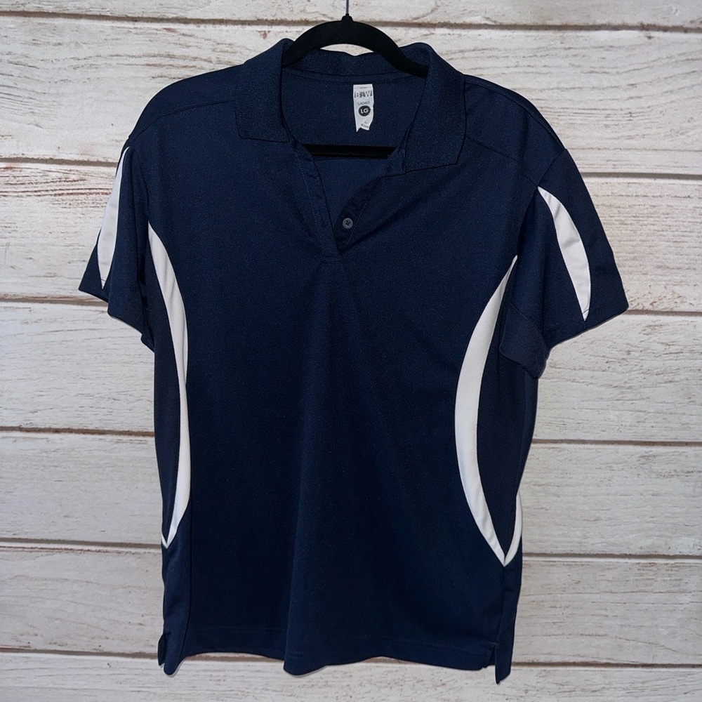 BAW Ladies Polo Shirt Cool-Tek Navy Blue White Accents Size Large Golf Tennis